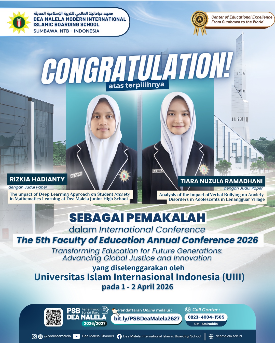 Dua Siswi SMA Dea Malela Terpilih Jadi Pemakalah di Konferensi Internasional UIII 2026.