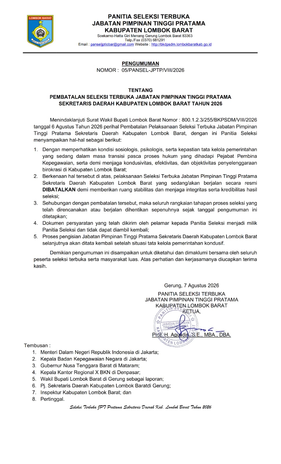BKN Terima Pembatalan Pertek, Seleksi Sekda Lobar Dibatalkan
